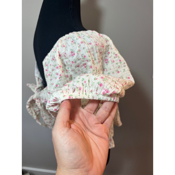 Altar'd State Floral Peplum Top Puff Sleeve Tie Back Pink Ivory Blouse M - Picture 8 of 10